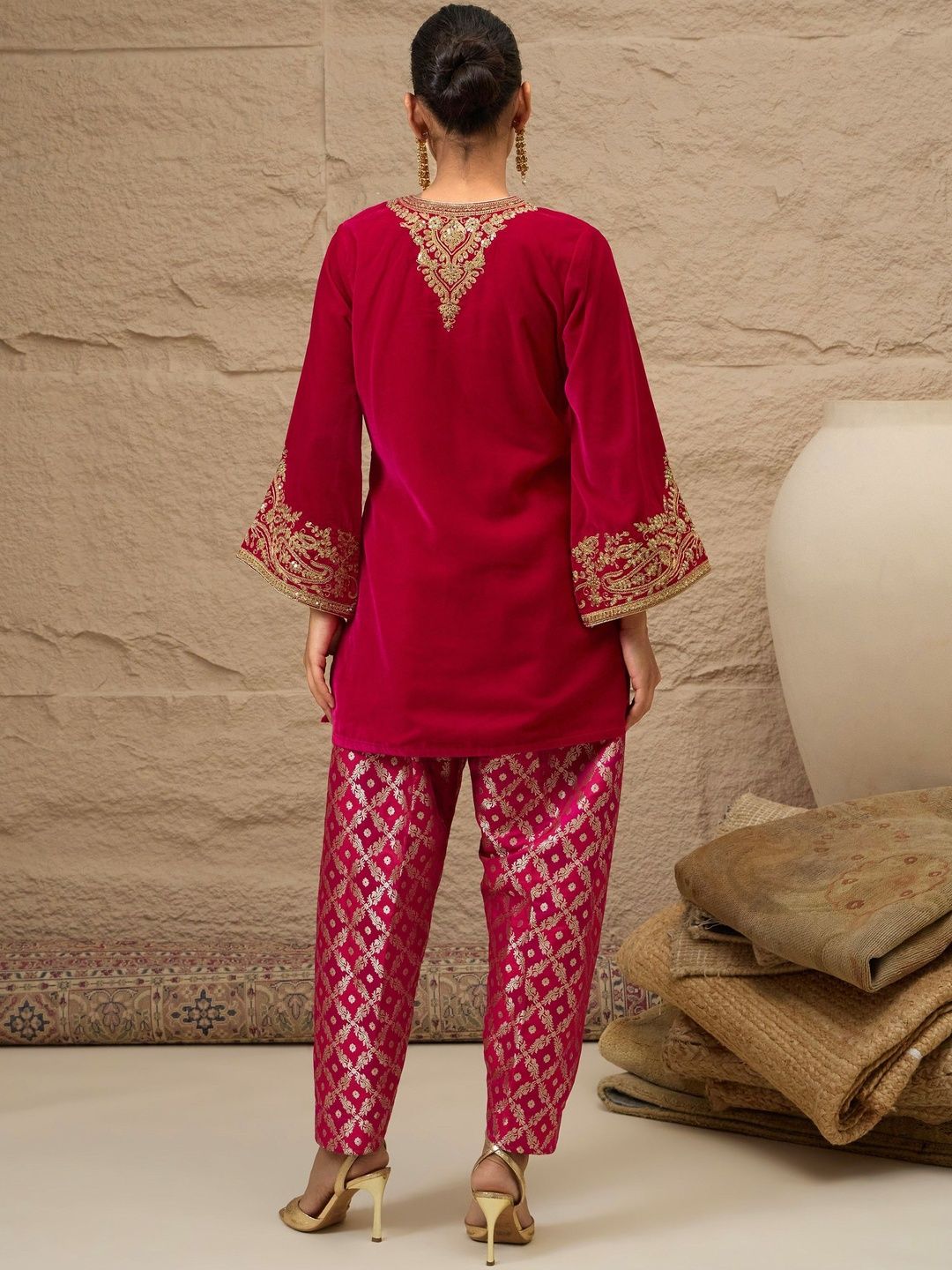 Ethnic Motifs Embroidered Thread Work Velvet Kurta With Trousers