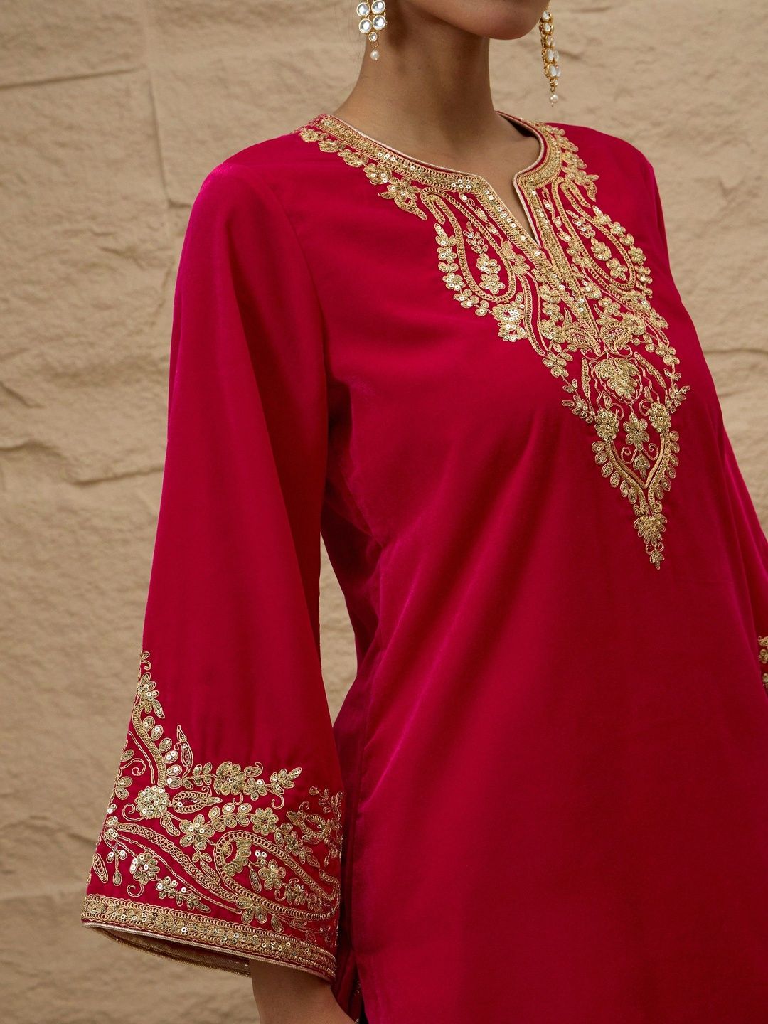 Ethnic Motifs Embroidered Thread Work Velvet Kurta With Trousers