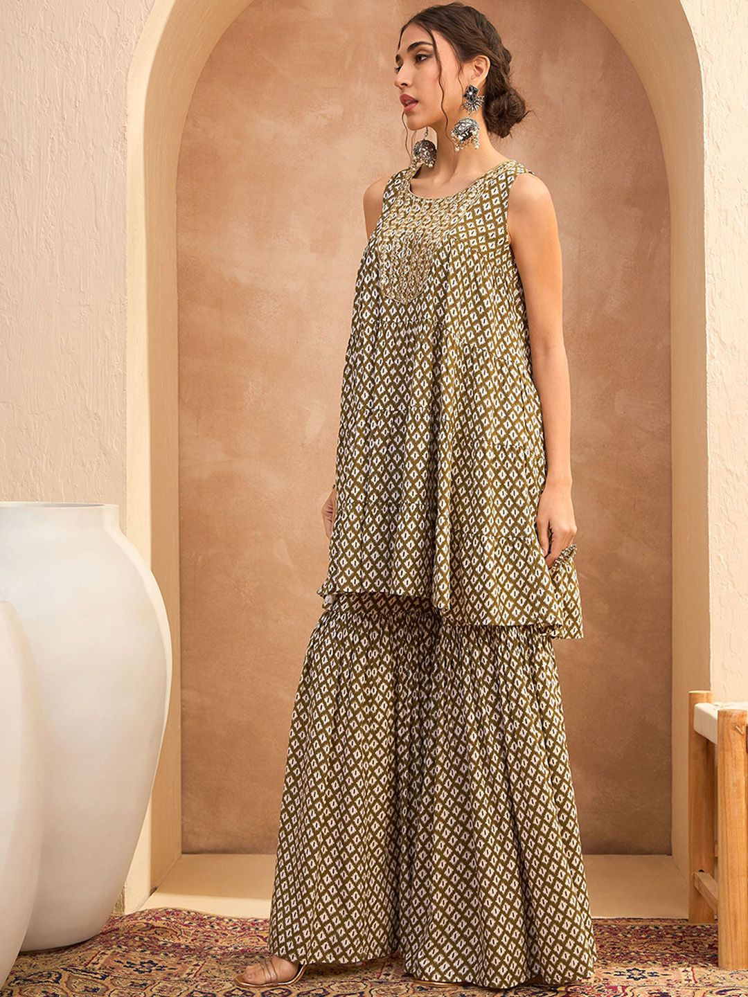 Ethnic Motifs Embroidered Tiered Kurti With Sharara