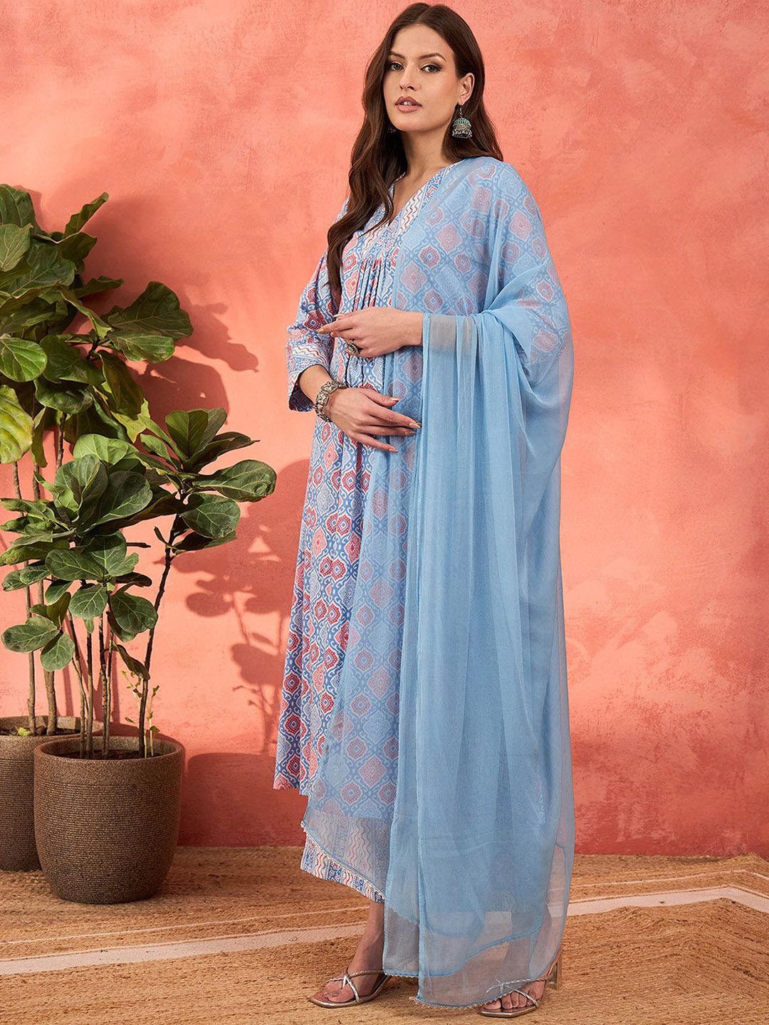 Ethnic Motifs Printed Pleated Pure Cotton Kurta With Palazzos & Dupatta