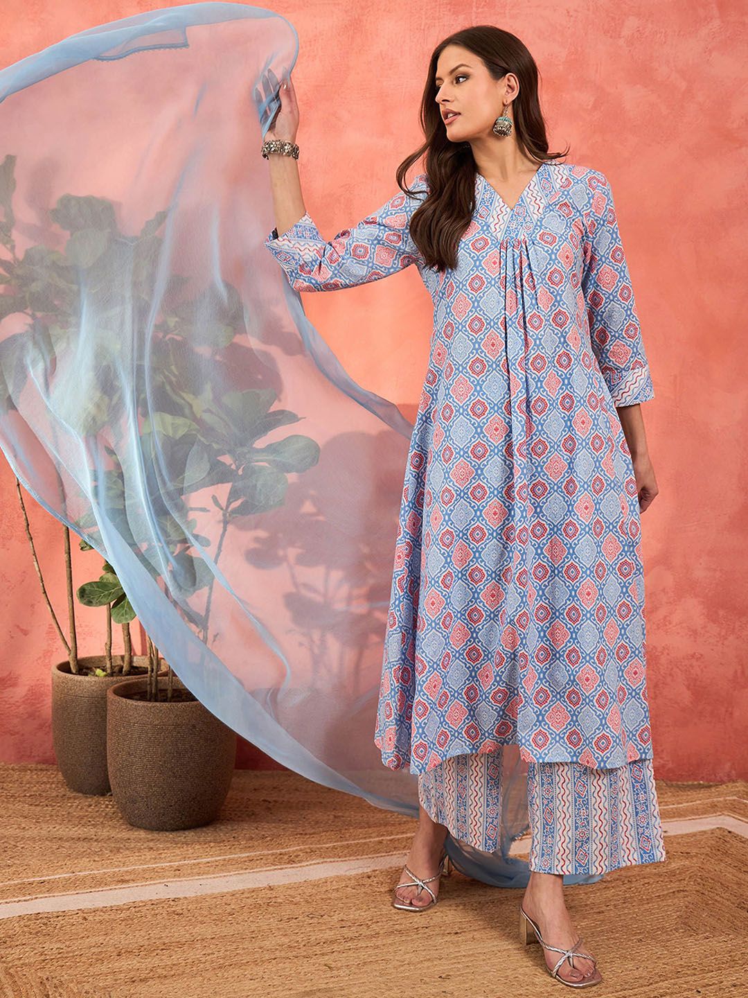 Ethnic Motifs Printed Pleated Pure Cotton Kurta With Palazzos & Dupatta