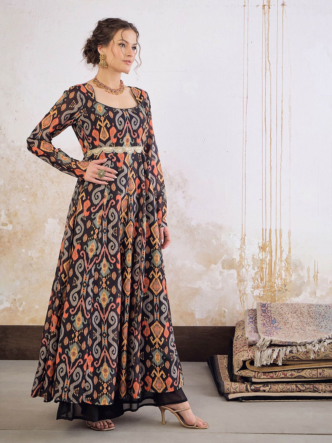 Ethnic Motifs Printed Square Neck Empire Sequinned Ikkat Anarkali Kurta