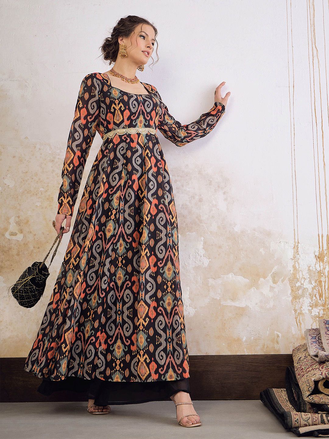 Ethnic Motifs Printed Square Neck Empire Sequinned Ikkat Anarkali Kurta