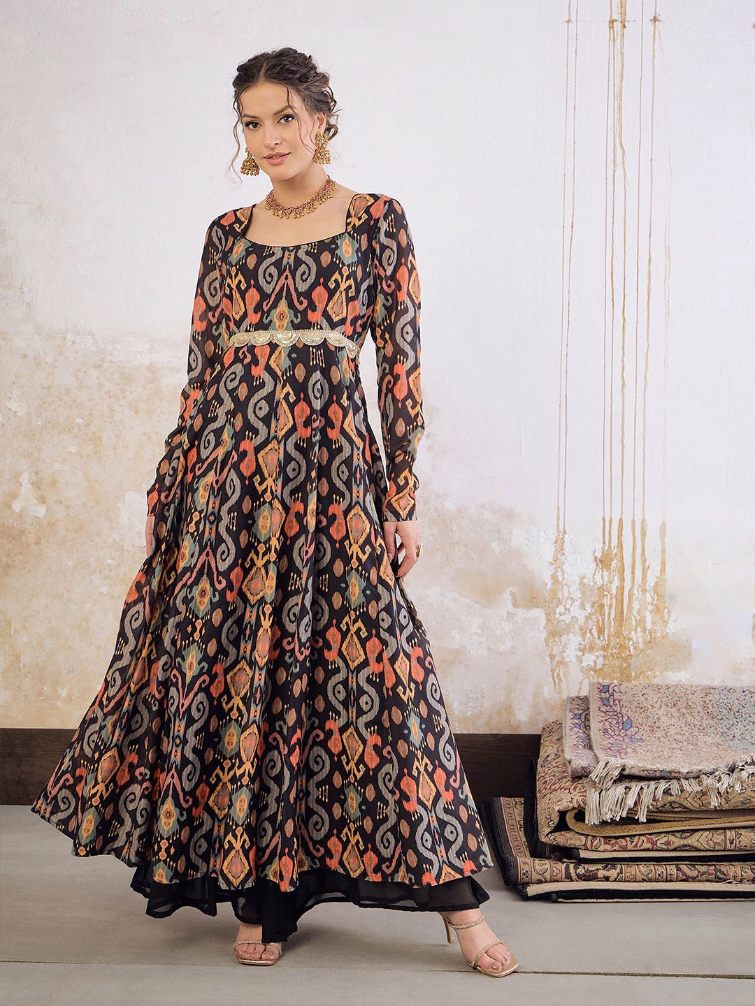 Ethnic Motifs Printed Square Neck Empire Sequinned Ikkat Anarkali Kurta
