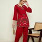 Floral Embroidered Notch Neck Thread Work Woollen Kurta with Trousers