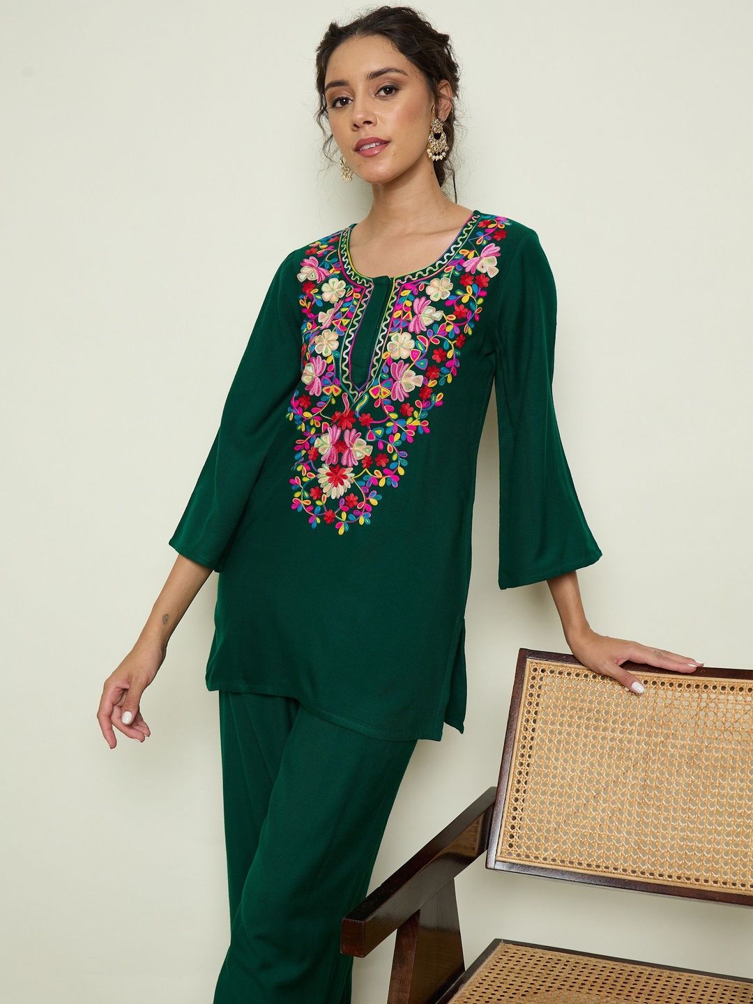 Floral Embroidered Regular Thread Work Woollen Kurta with Trousers