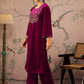 Floral Embroidered Round Neck Three-Quarter Sleeves Regular Velvet Kurta