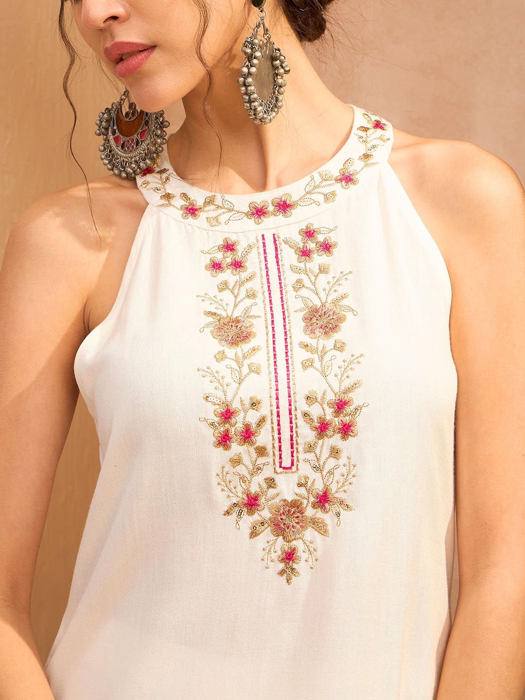 Floral Embroidered Sequinned Straight Kurti with Palazzo