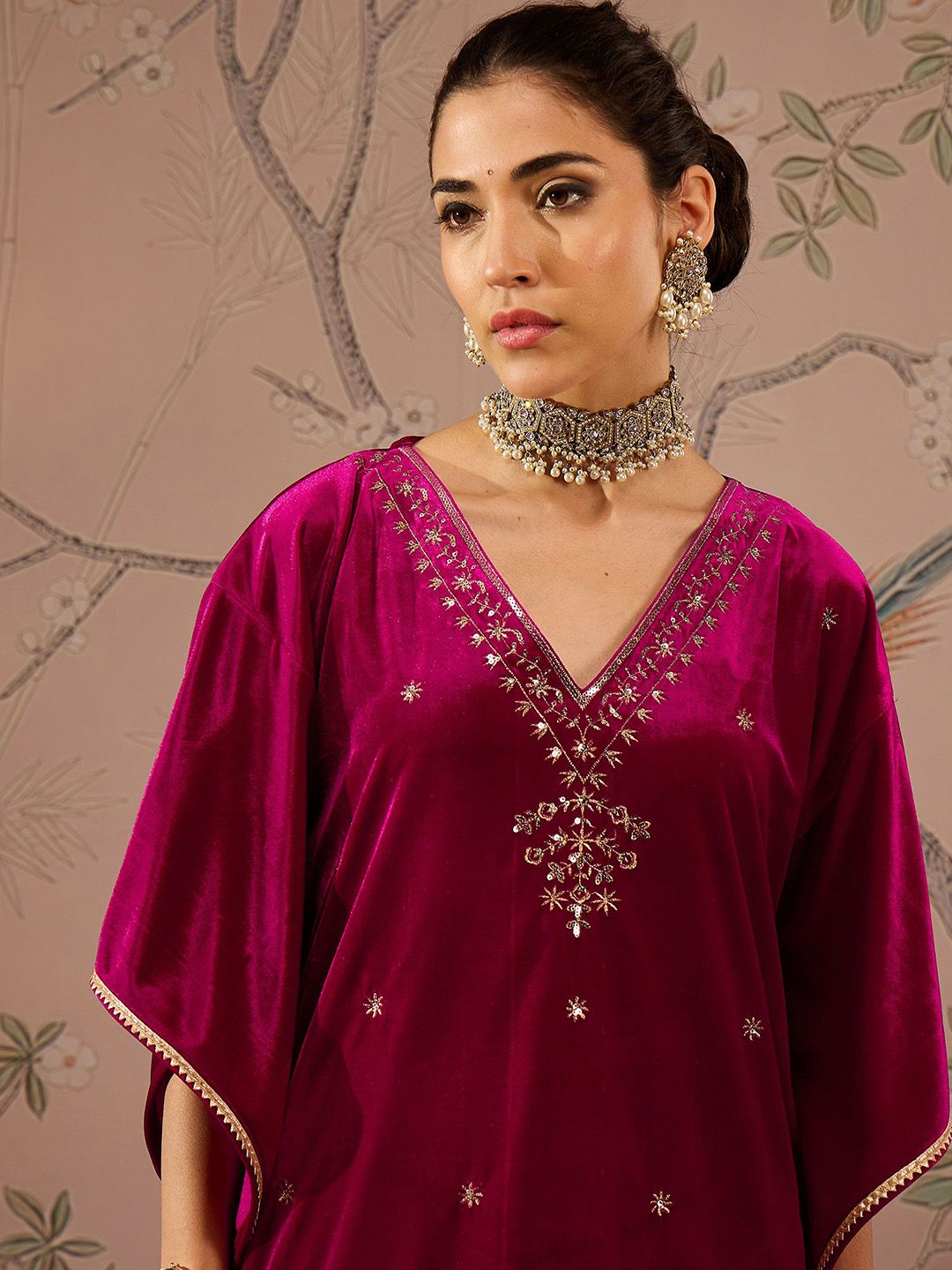 Floral Embroidered Thread Work Velvet Kaftan Kurta With Trousers