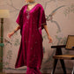 Floral Embroidered Thread Work Velvet Kaftan Kurta With Trousers