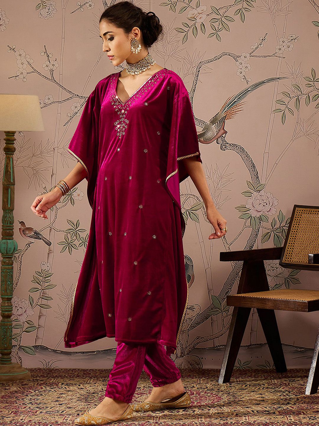 Floral Embroidered Thread Work Velvet Kaftan Kurta With Trousers
