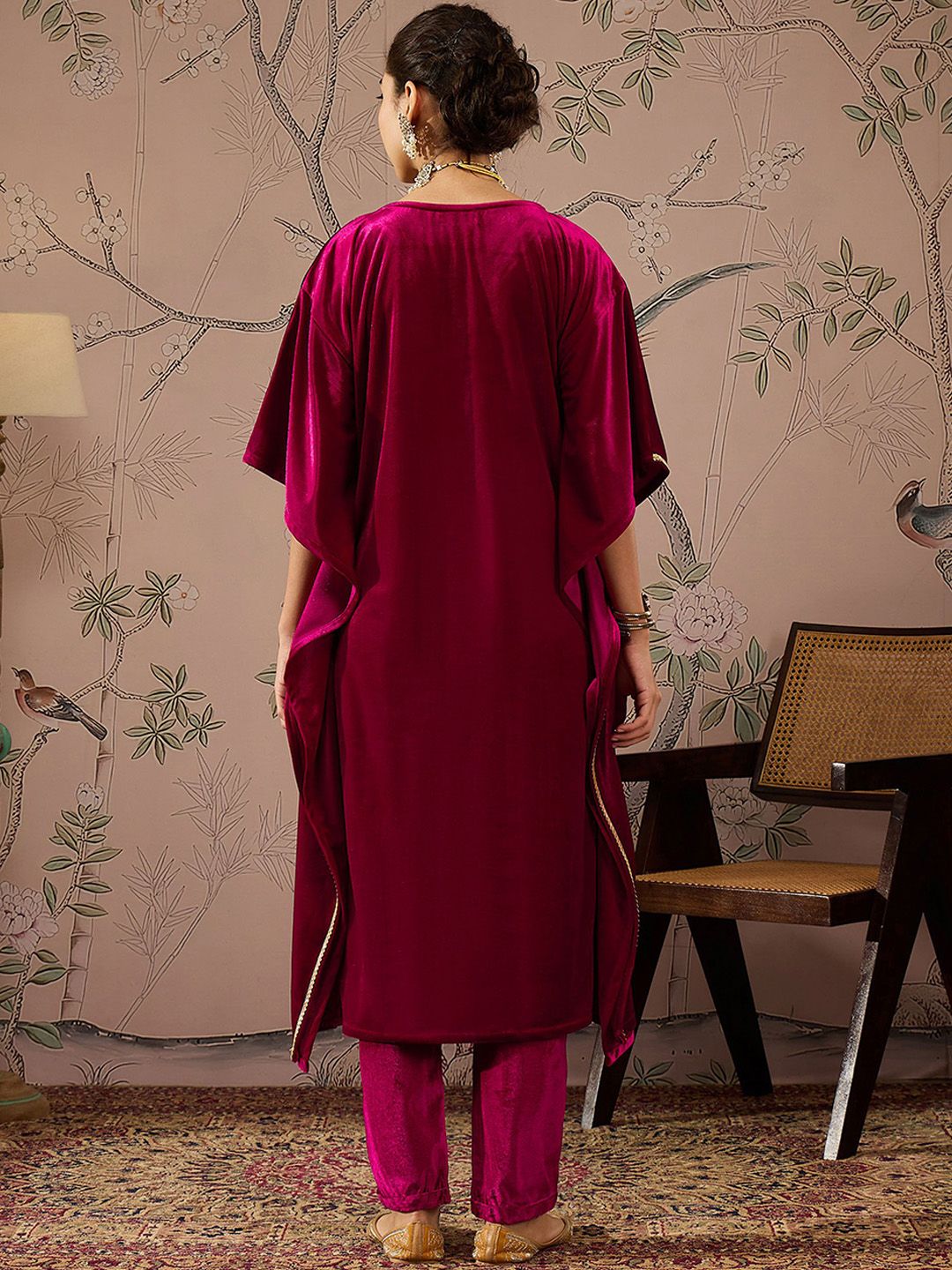 Floral Embroidered Thread Work Velvet Kaftan Kurta With Trousers