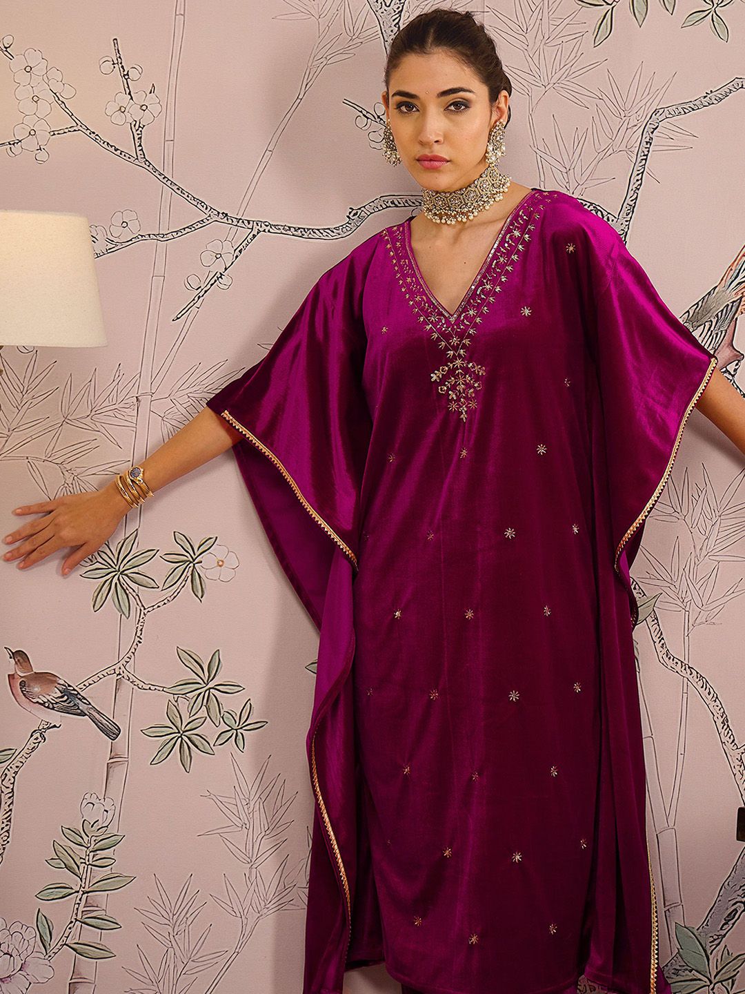 Floral Embroidered Thread Work Velvet Kaftan Kurta With Trousers