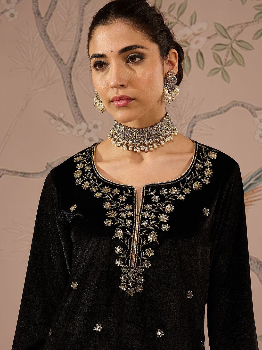 Floral Embroidered Thread Work Velvet Kurti With Trousers
