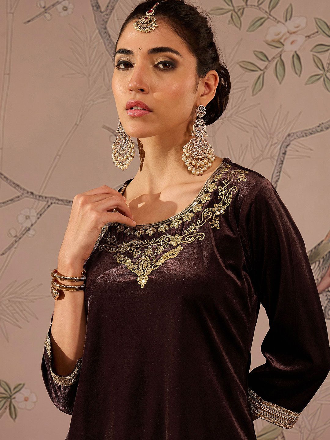 Floral Embroidered Thread Work Velvet Kurti With Trousers