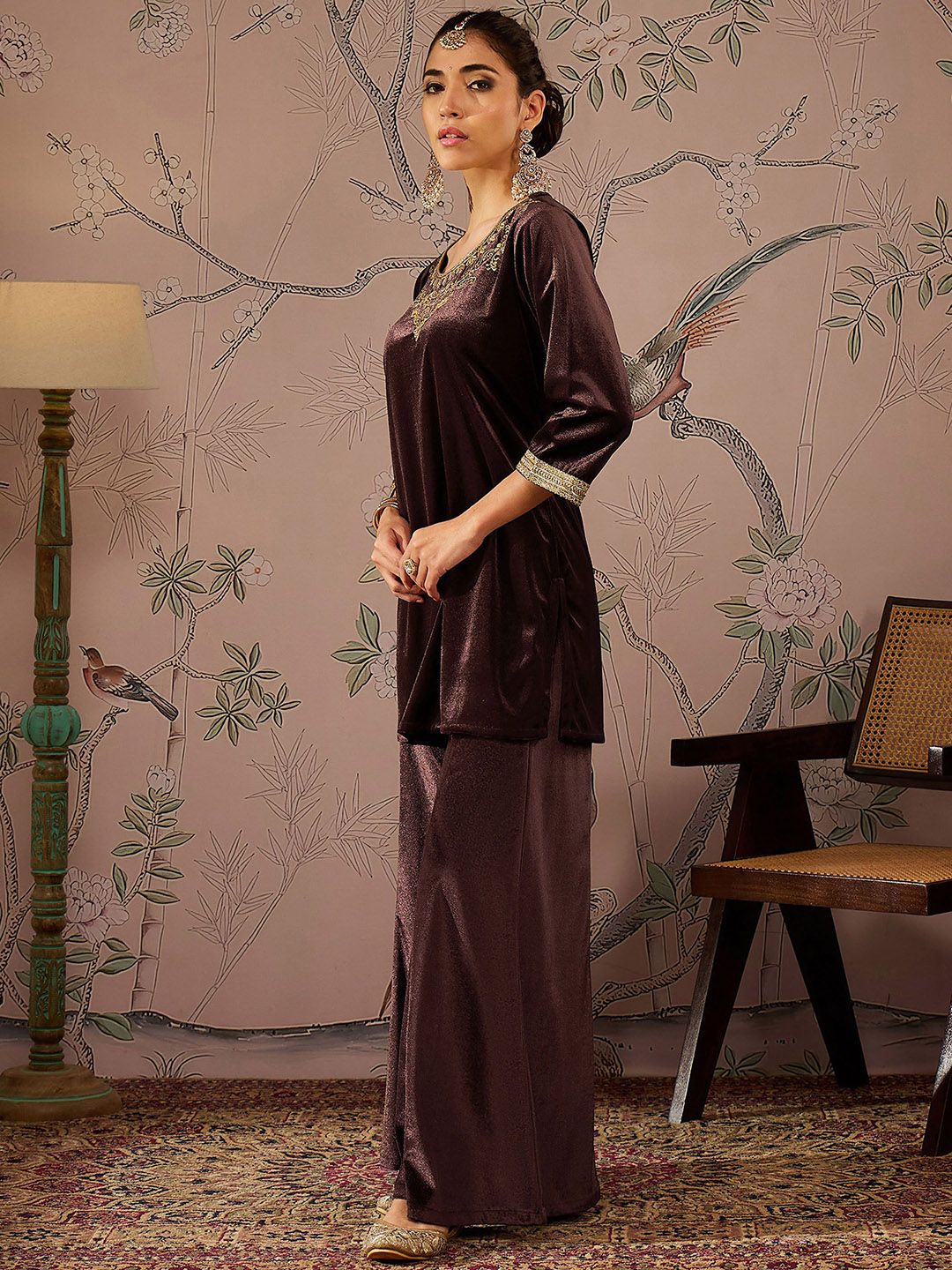 Floral Embroidered Thread Work Velvet Kurti With Trousers