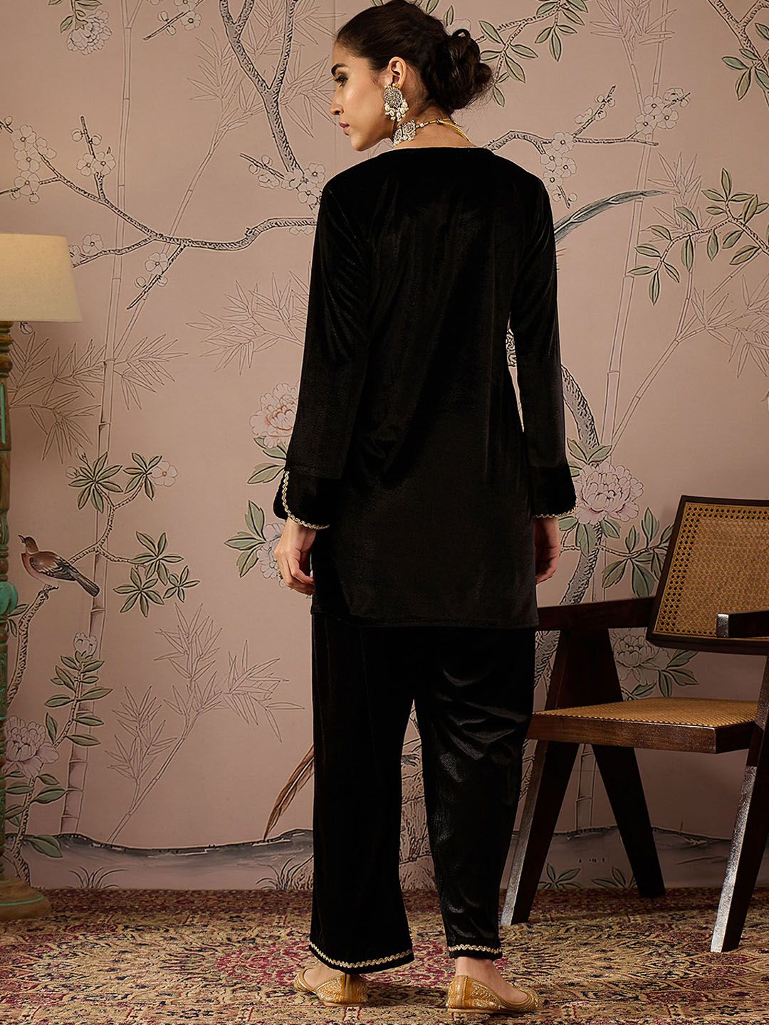 Floral Embroidered Thread Work Velvet Kurti With Trousers
