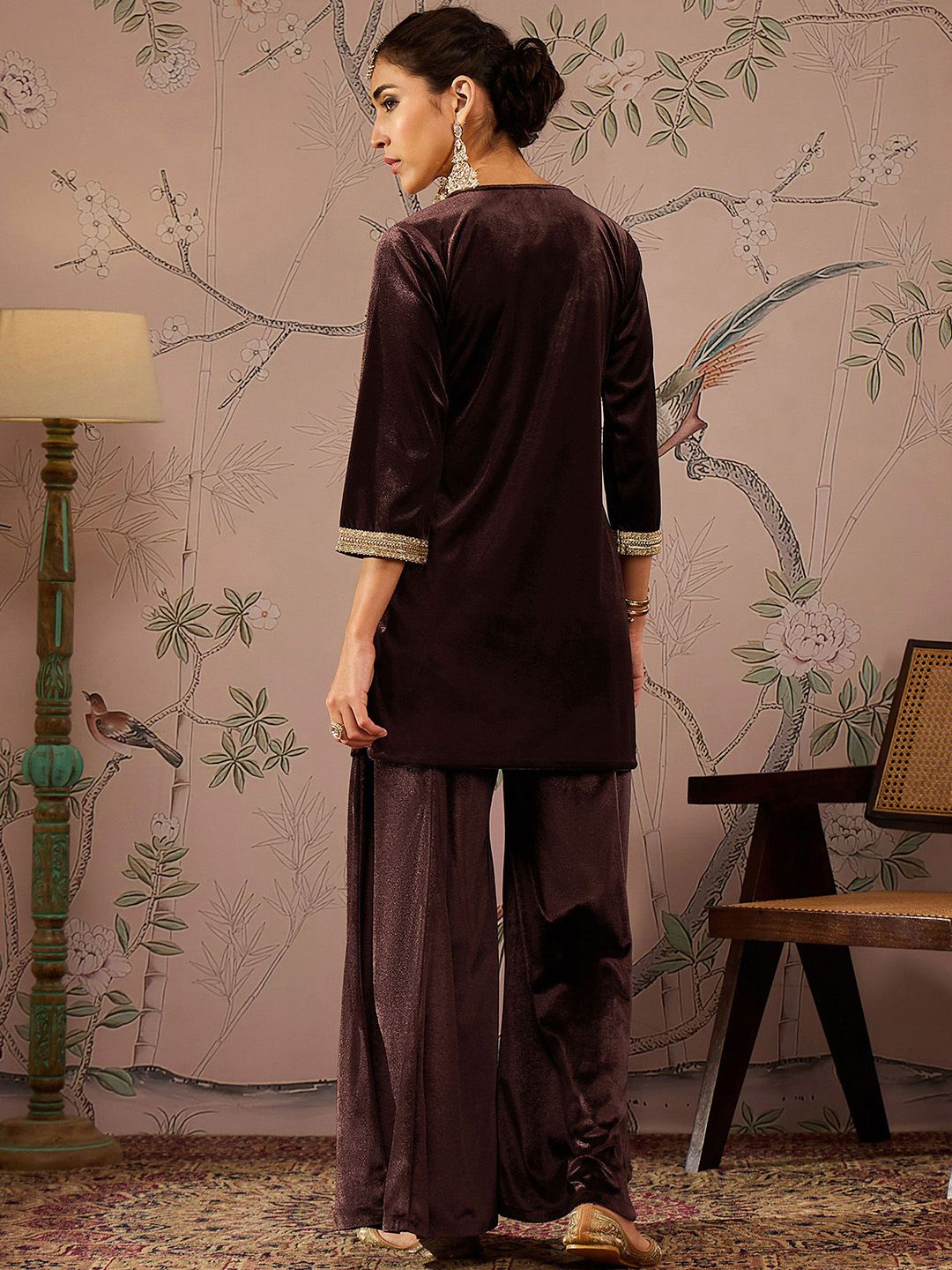 Floral Embroidered Thread Work Velvet Kurti With Trousers