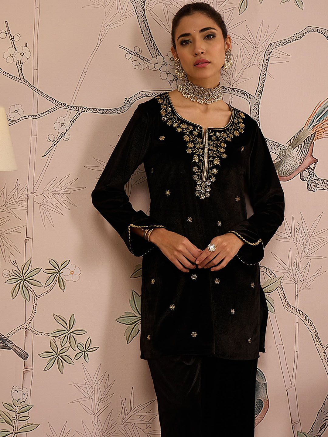 Floral Embroidered Thread Work Velvet Kurti With Trousers