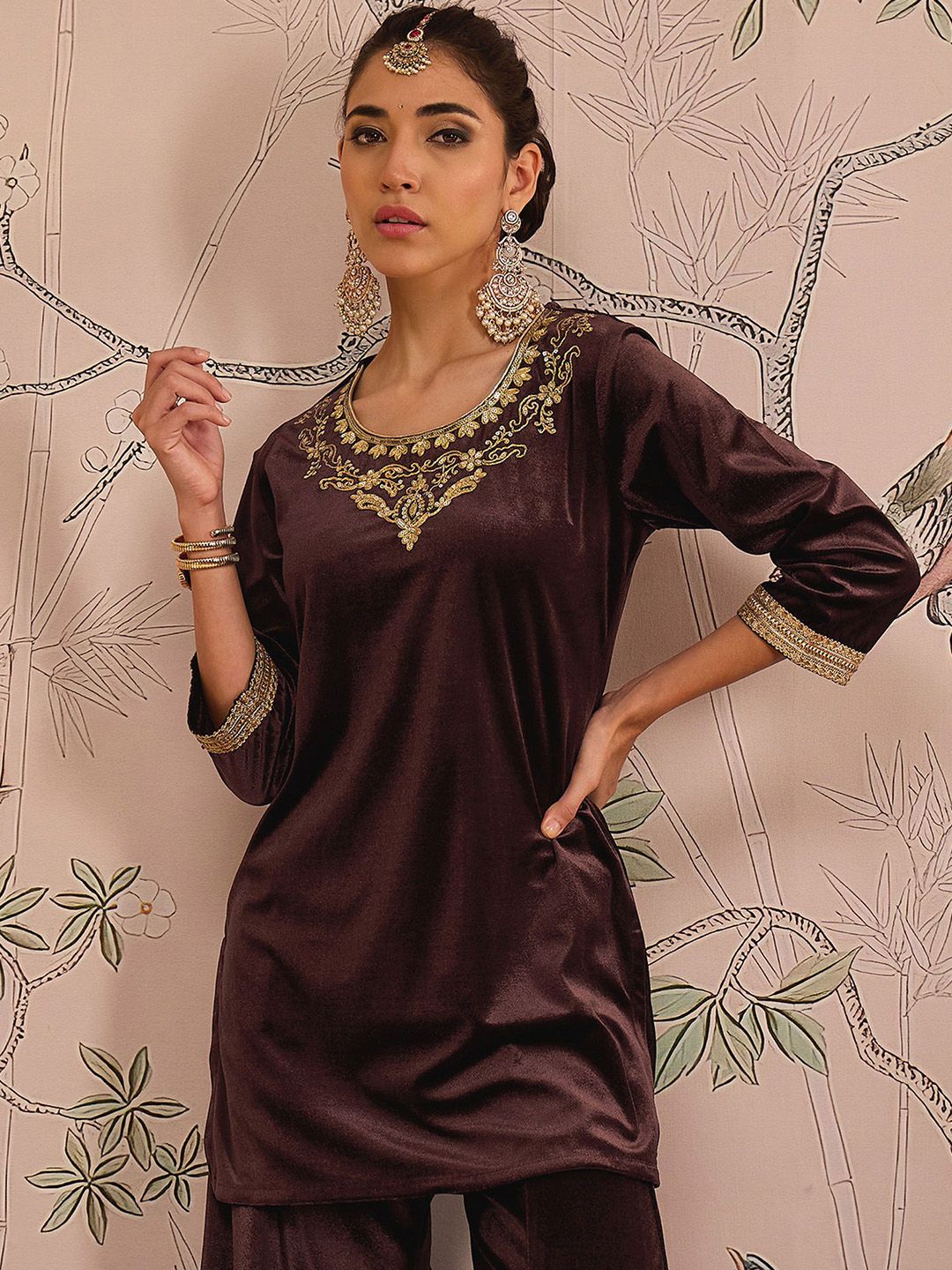 Floral Embroidered Thread Work Velvet Kurti With Trousers