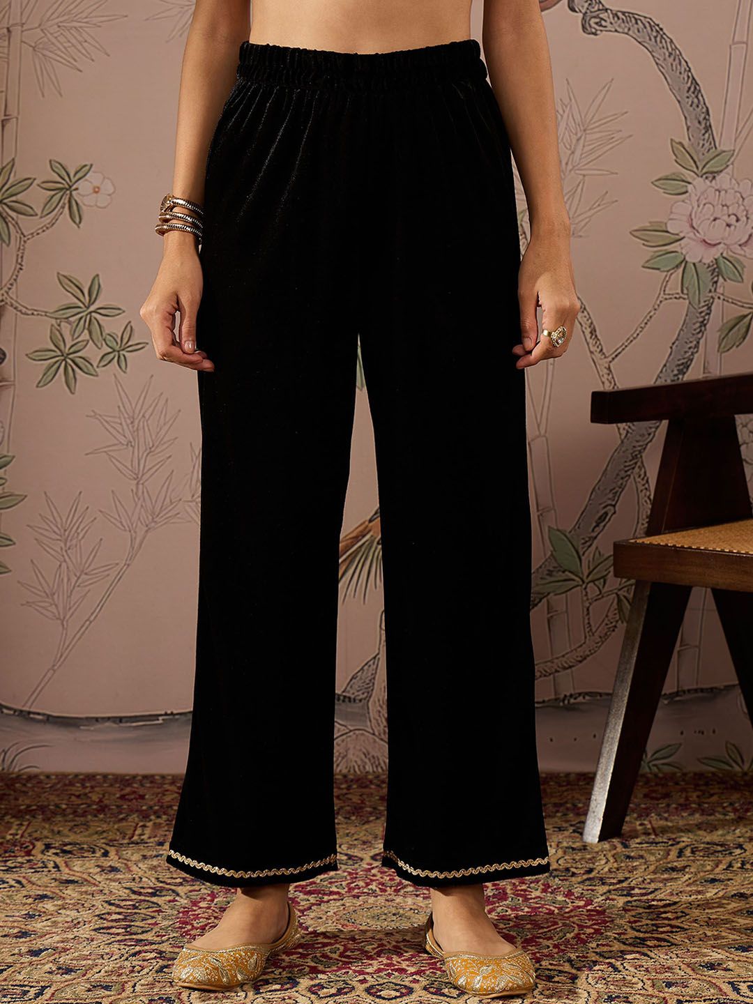 Floral Embroidered Thread Work Velvet Kurti With Trousers