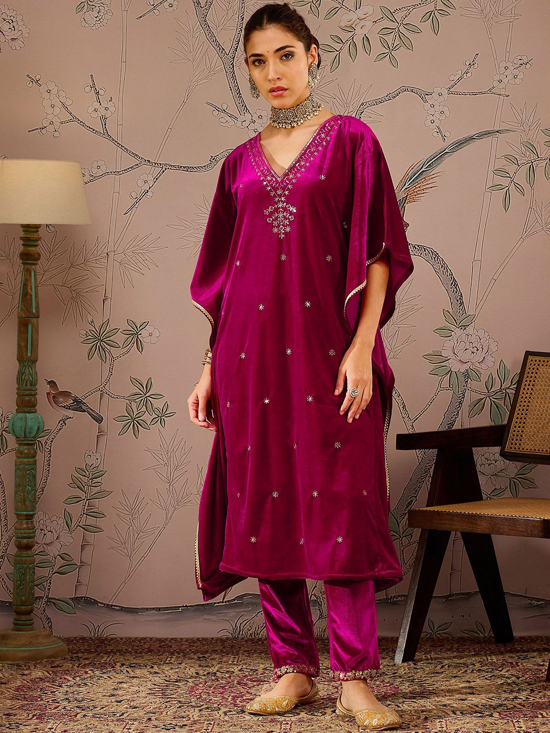Floral Embroidered V-Neck Three-Quarter Sleeves Kaftan Velvet Kurta