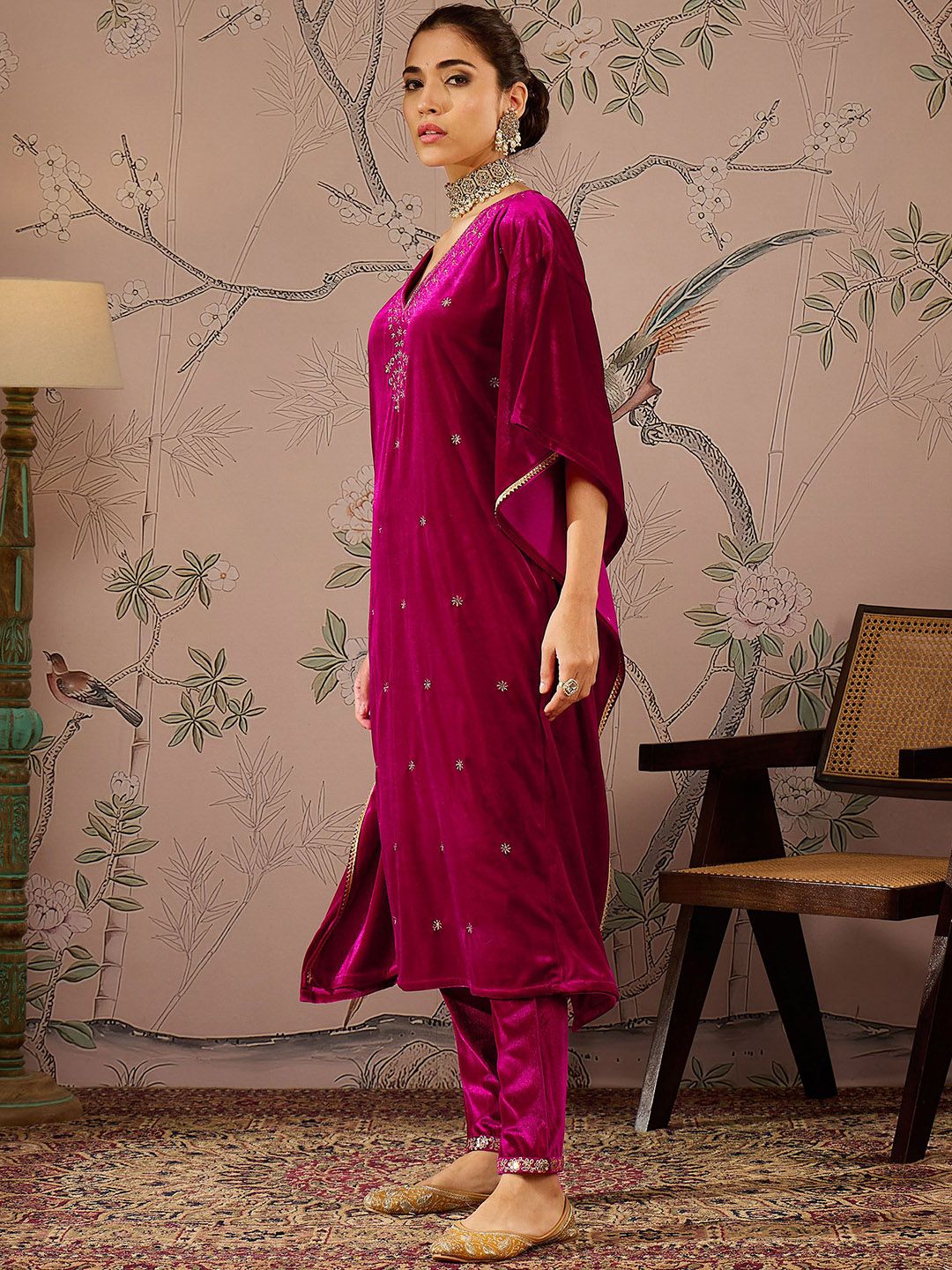 Floral Embroidered V-Neck Three-Quarter Sleeves Kaftan Velvet Kurta