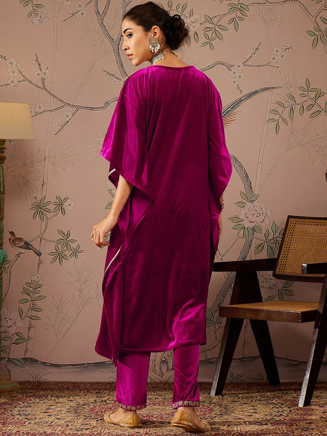 Floral Embroidered V-Neck Three-Quarter Sleeves Kaftan Velvet Kurta