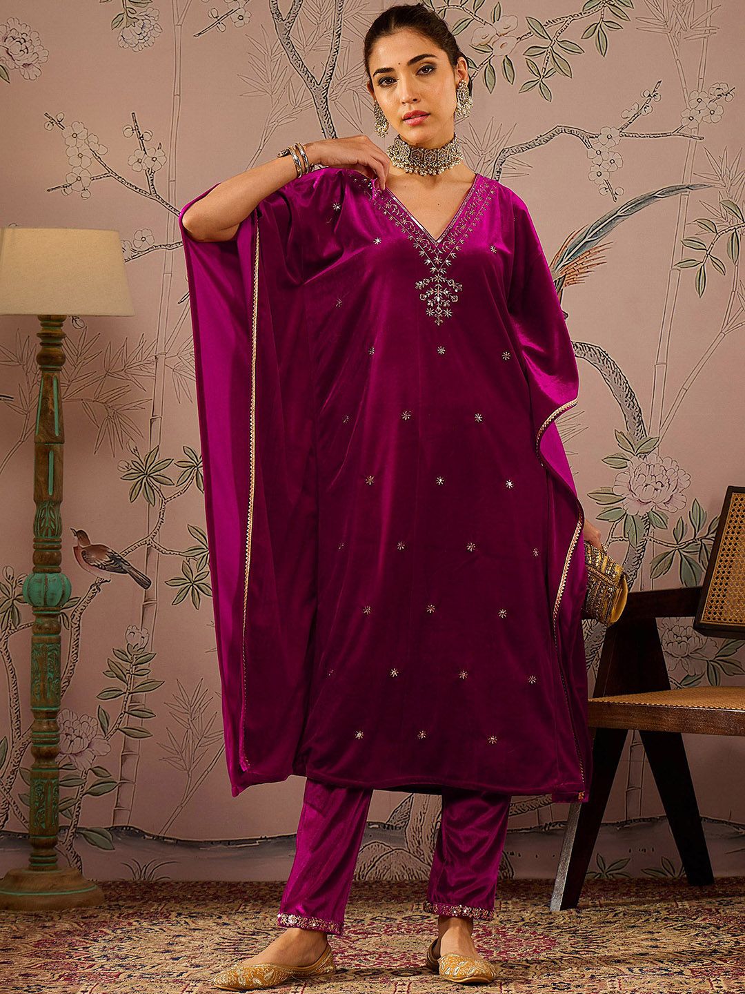 Floral Embroidered V-Neck Three-Quarter Sleeves Kaftan Velvet Kurta
