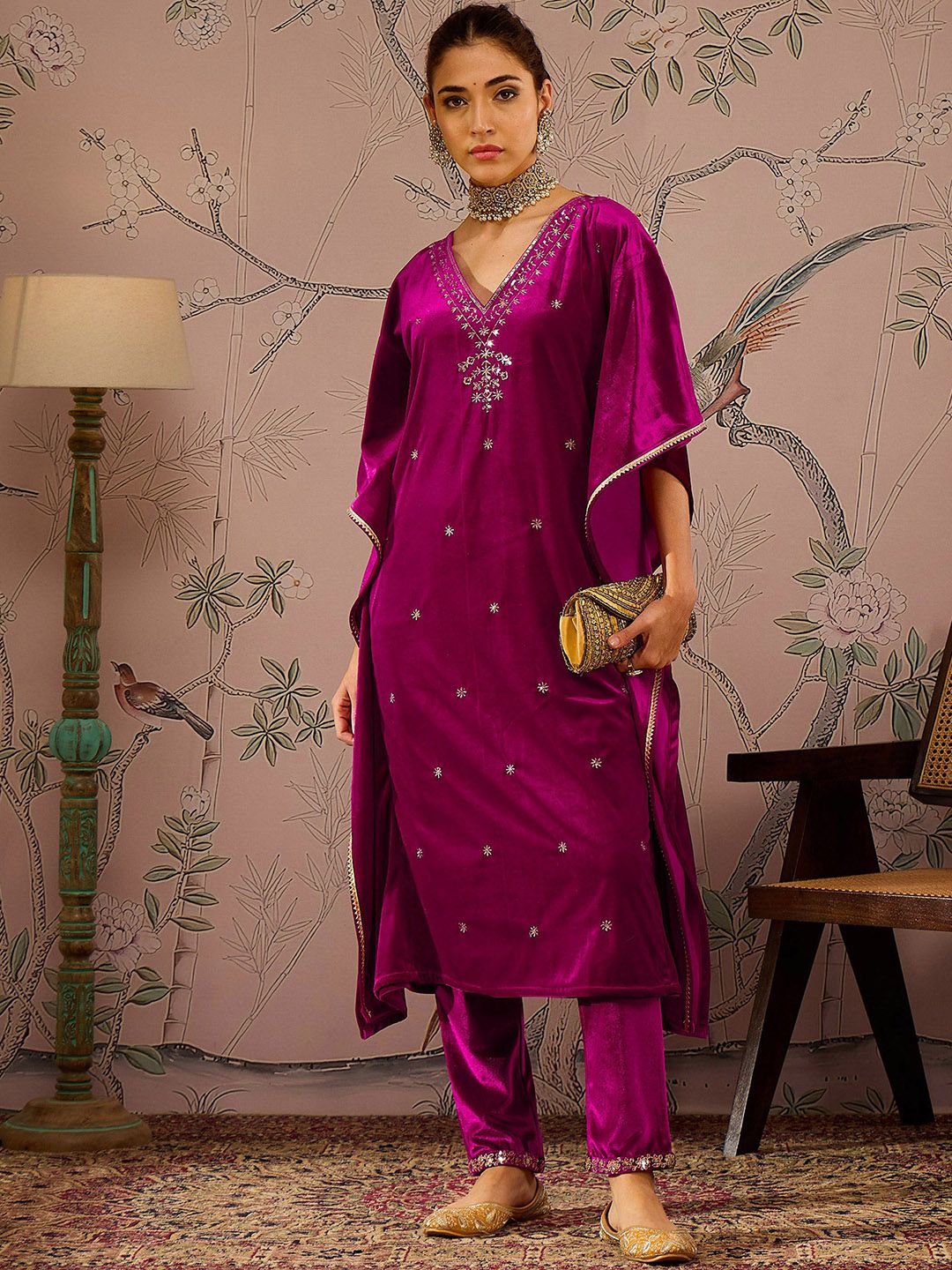 Floral Embroidered V-Neck Three-Quarter Sleeves Kaftan Velvet Kurta