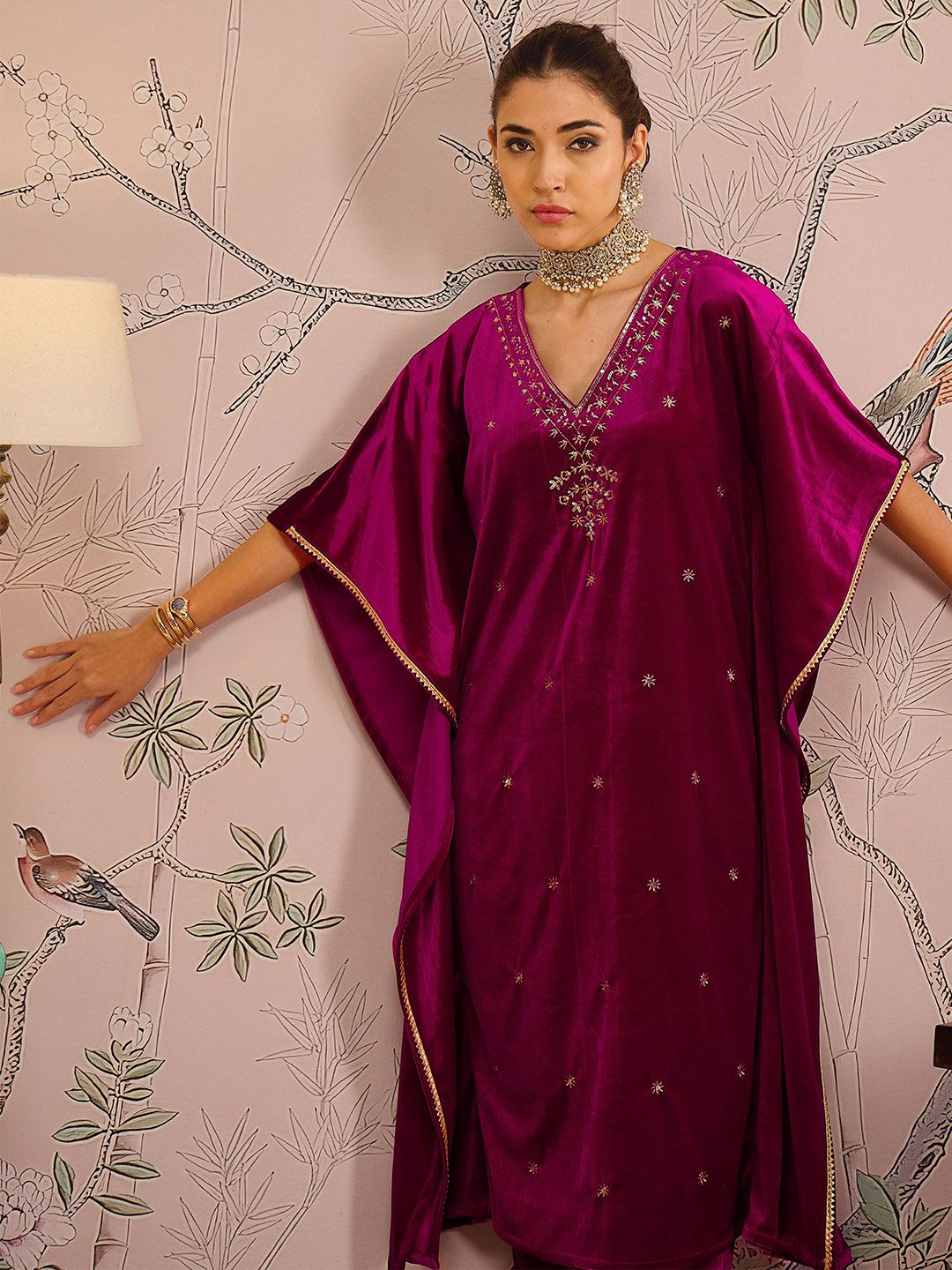 Floral Embroidered V-Neck Three-Quarter Sleeves Kaftan Velvet Kurta