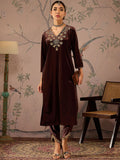 Floral Embroidered V-Neck Three-Quarter Sleeves Regular Velvet Kurta
