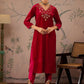 Floral Embroidered V-Neck Three-Quarter Sleeves Regular Velvet Kurta