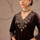 Floral Embroidered V-Neck Three-Quarter Sleeves Regular Velvet Kurta