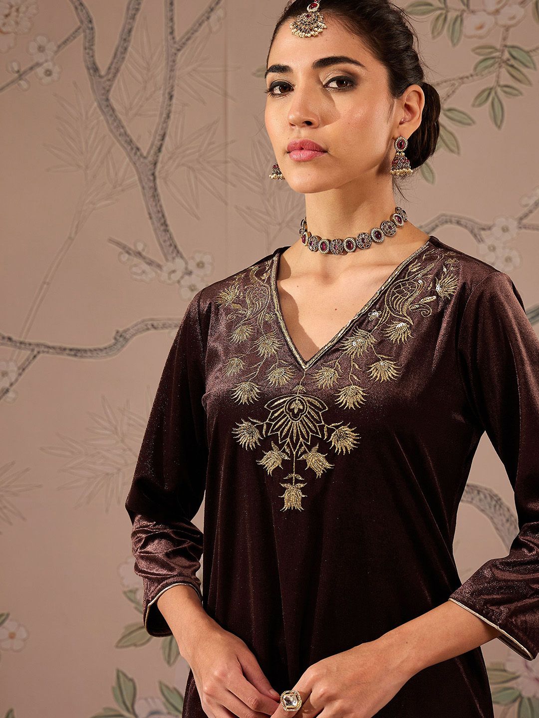 Floral Embroidered V-Neck Three-Quarter Sleeves Regular Velvet Kurta