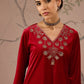 Floral Embroidered V-Neck Three-Quarter Sleeves Regular Velvet Kurta