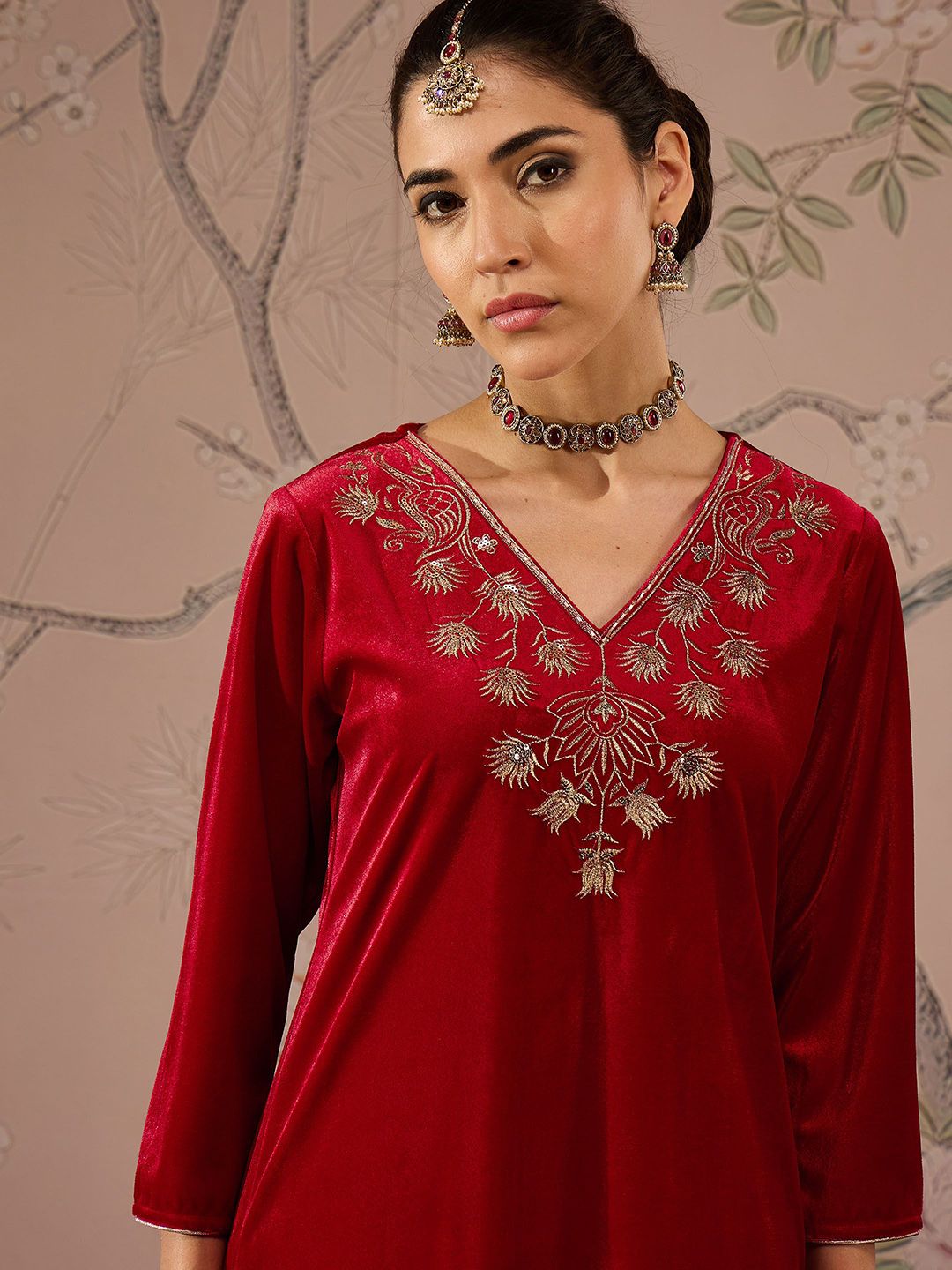 Floral Embroidered V-Neck Three-Quarter Sleeves Regular Velvet Kurta