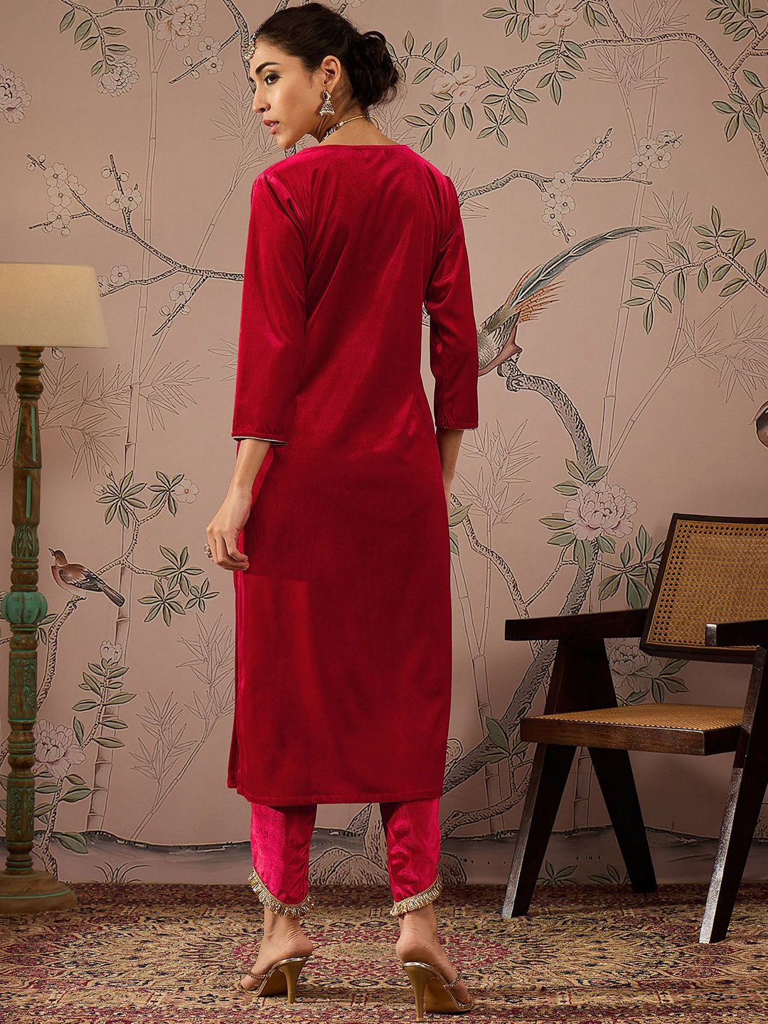 Floral Embroidered V-Neck Three-Quarter Sleeves Regular Velvet Kurta