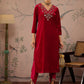 Floral Embroidered V-Neck Three-Quarter Sleeves Regular Velvet Kurta