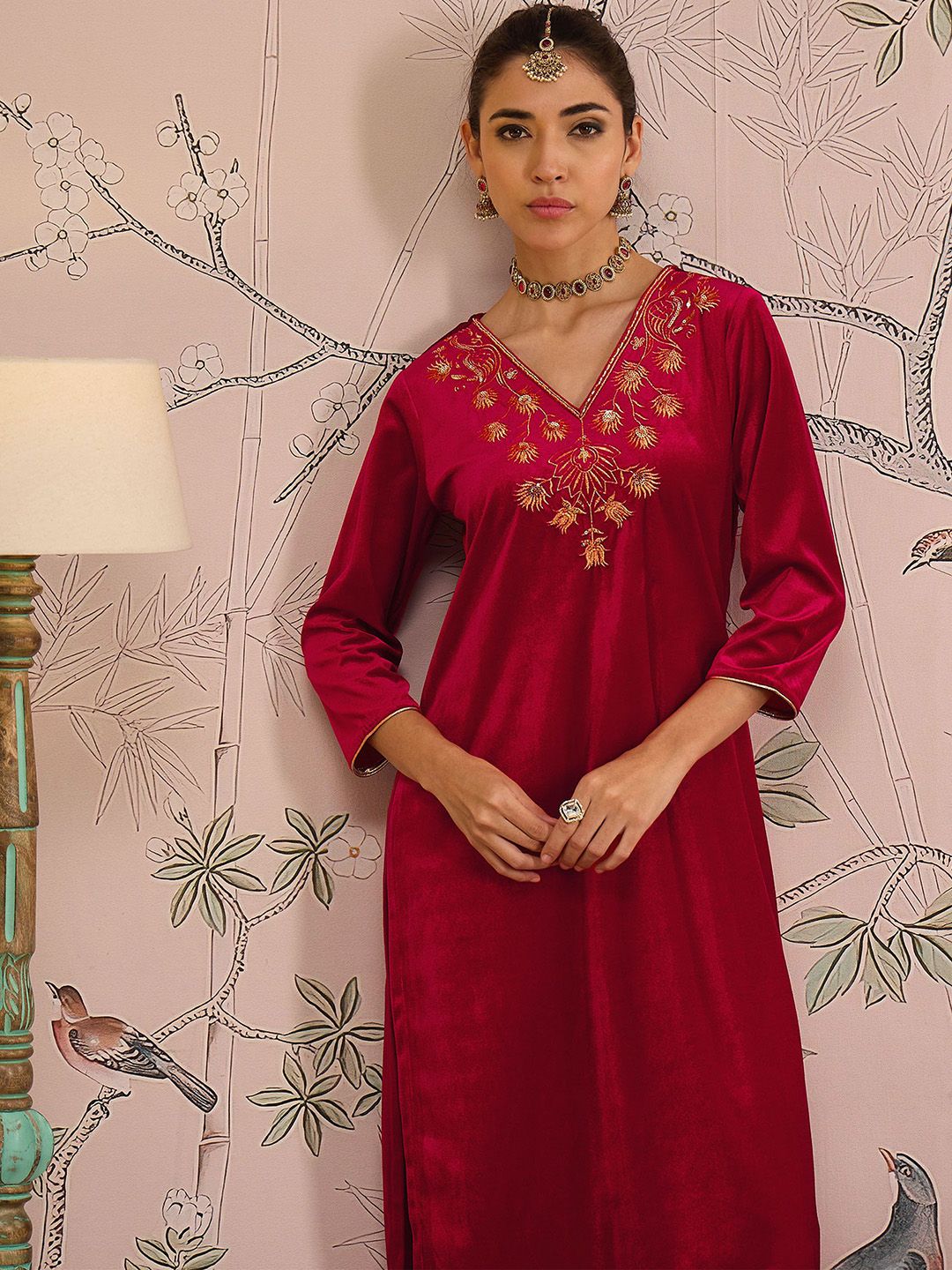 Floral Embroidered V-Neck Three-Quarter Sleeves Regular Velvet Kurta
