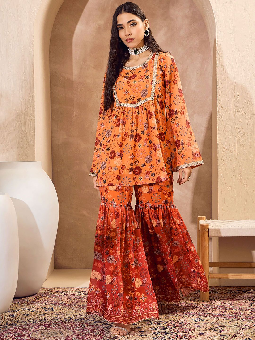 Floral Printed A-Line Kurti with Sharara