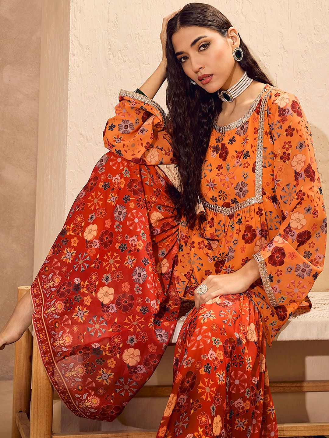 Floral Printed A-Line Kurti with Sharara