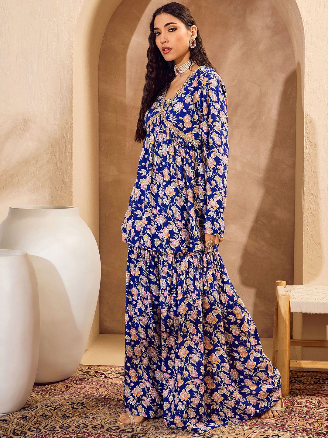 Floral Printed Anarkali Kurta With Sharara