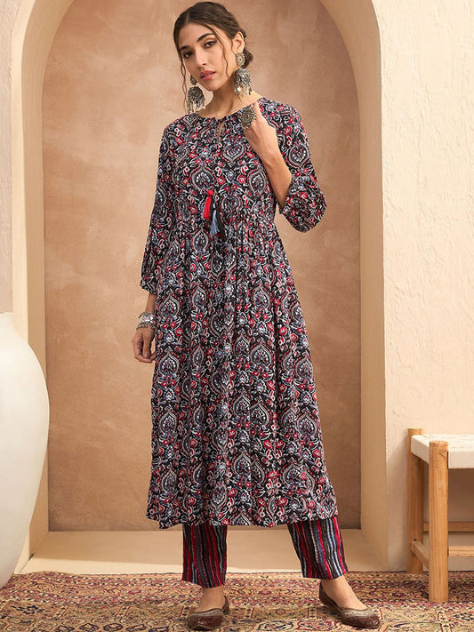 Floral printed anarkali kurta with trousers for women
