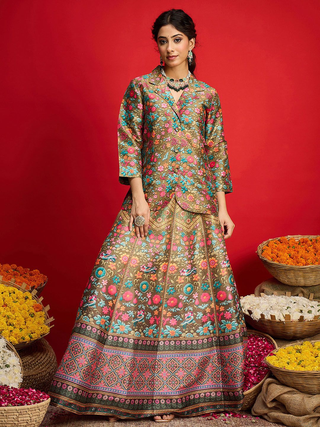Floral Printed Blazer Top With Anarkali Skirt