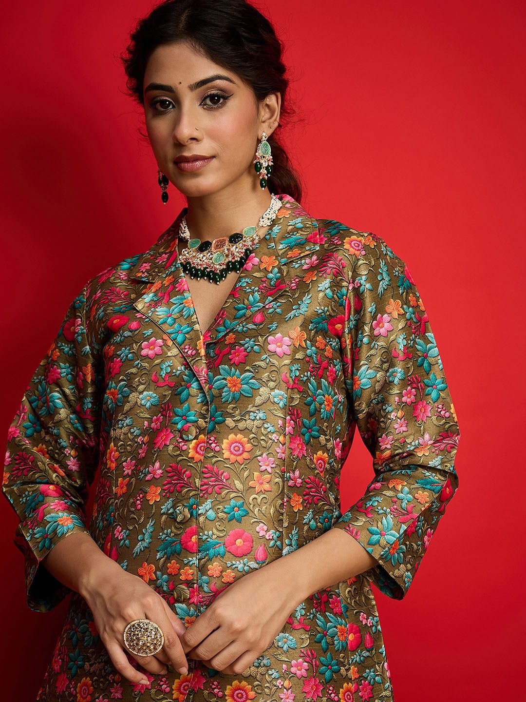 Floral Printed Blazer Top With Anarkali Skirt