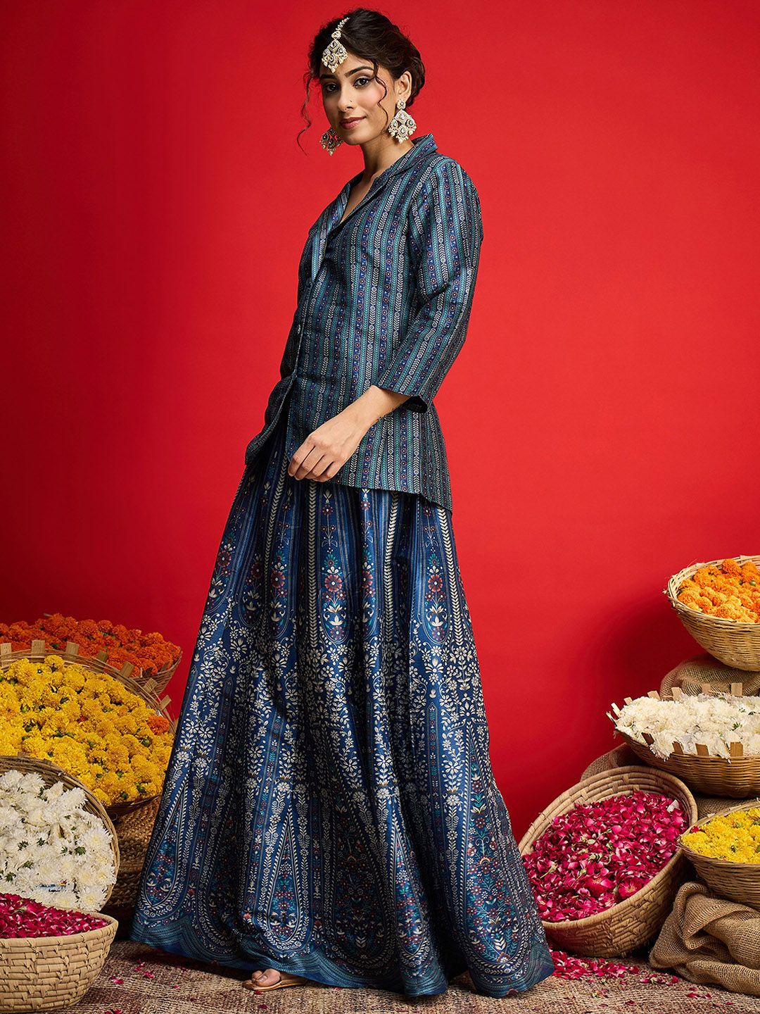 Floral Printed Blazer Top With Anarkali Skirt