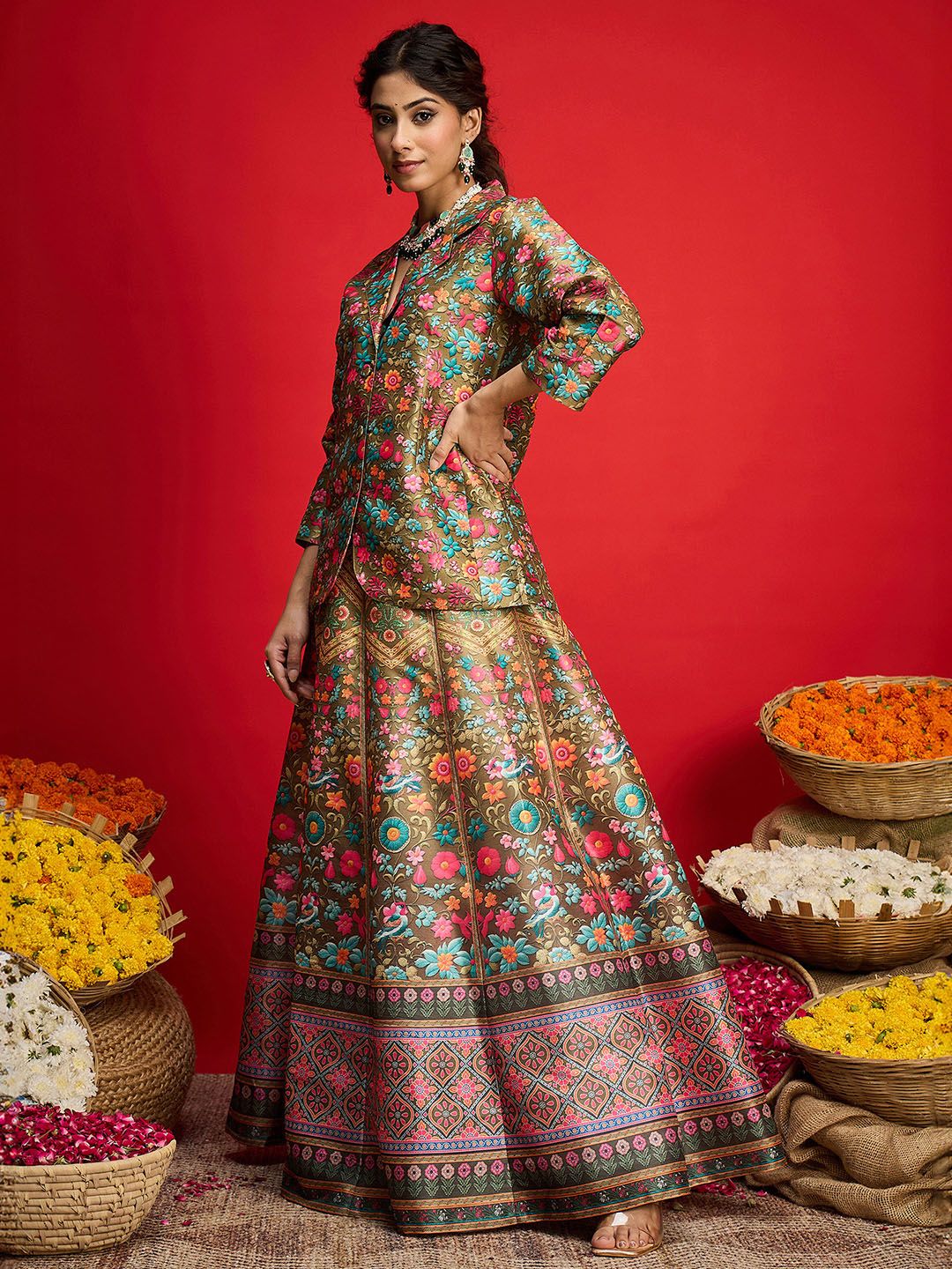 Floral Printed Blazer Top With Anarkali Skirt