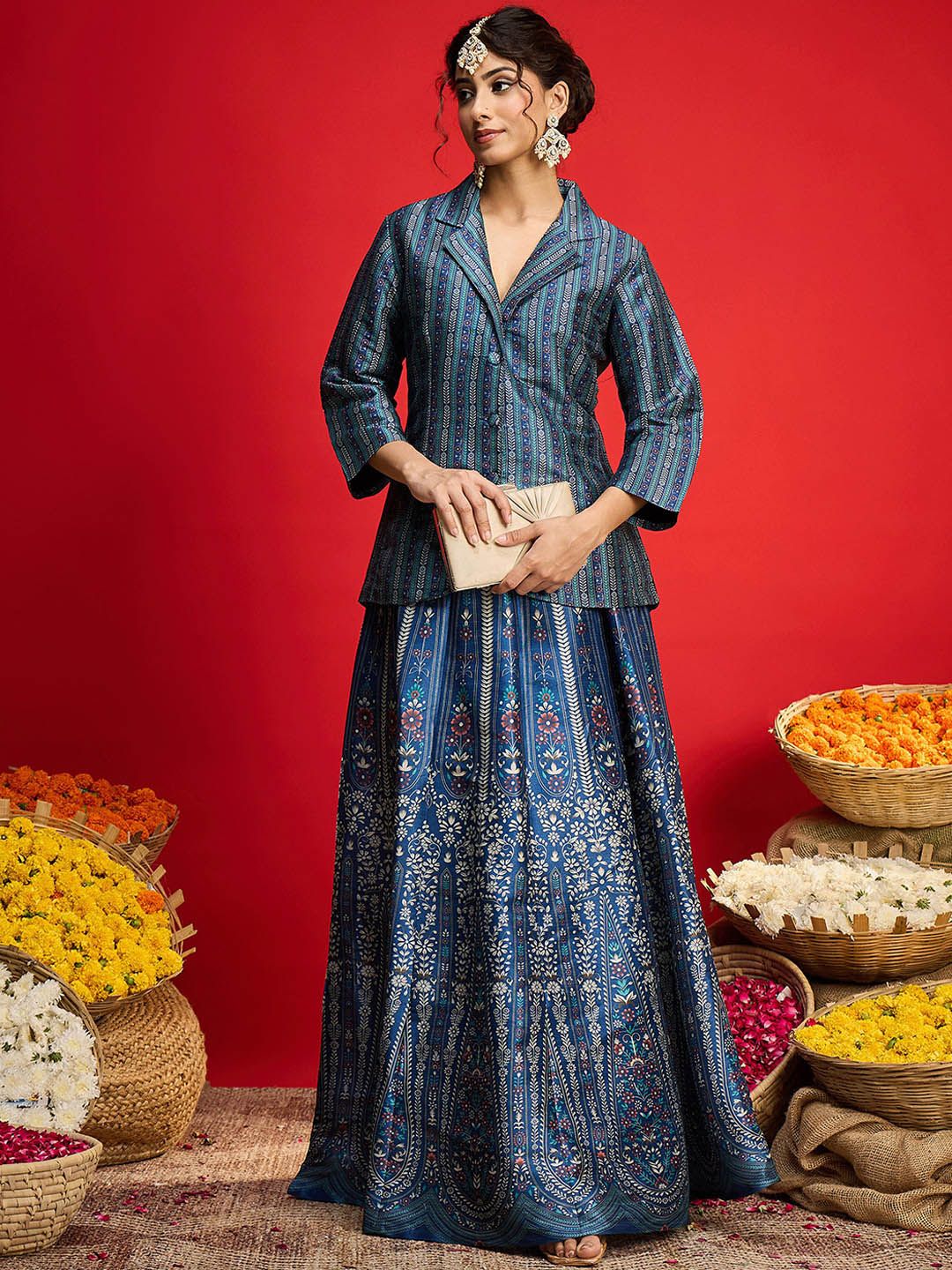 Floral Printed Blazer Top With Anarkali Skirt