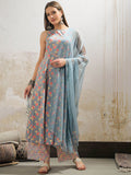 Floral Printed Boat Neck Pure Cotton Kurta With Palazzos & Dupatta